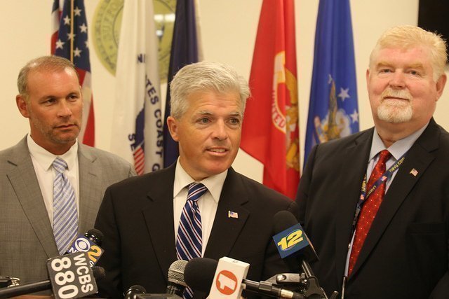 Suffolk County Executive Steve Bellone addresses the public at a press conference in 2019.